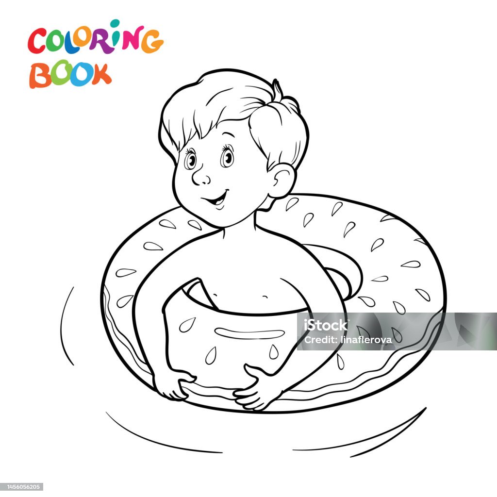 Coloring page happy boy swim on rubber ring in the water stock illustration