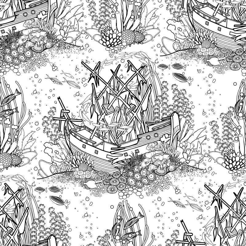 Ancient sunken ship and coral reef pattern stock vector