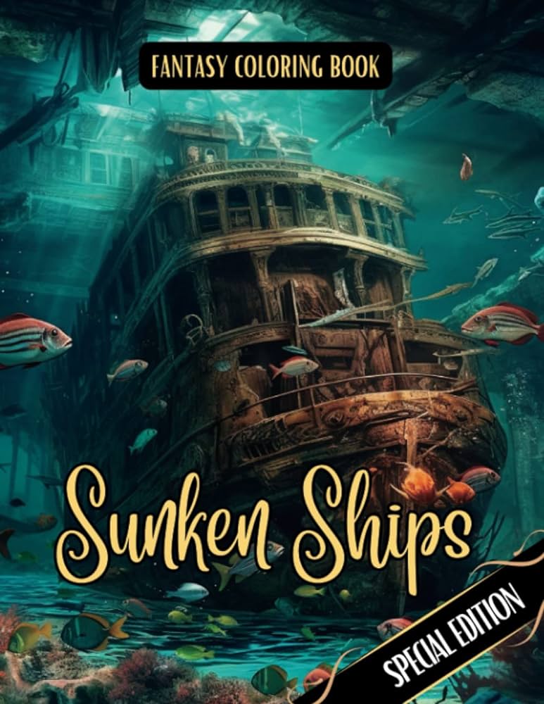 Fantasy loring book sunken ships special edition for adults and teens black line and grayscale images of sunken ships i elina books