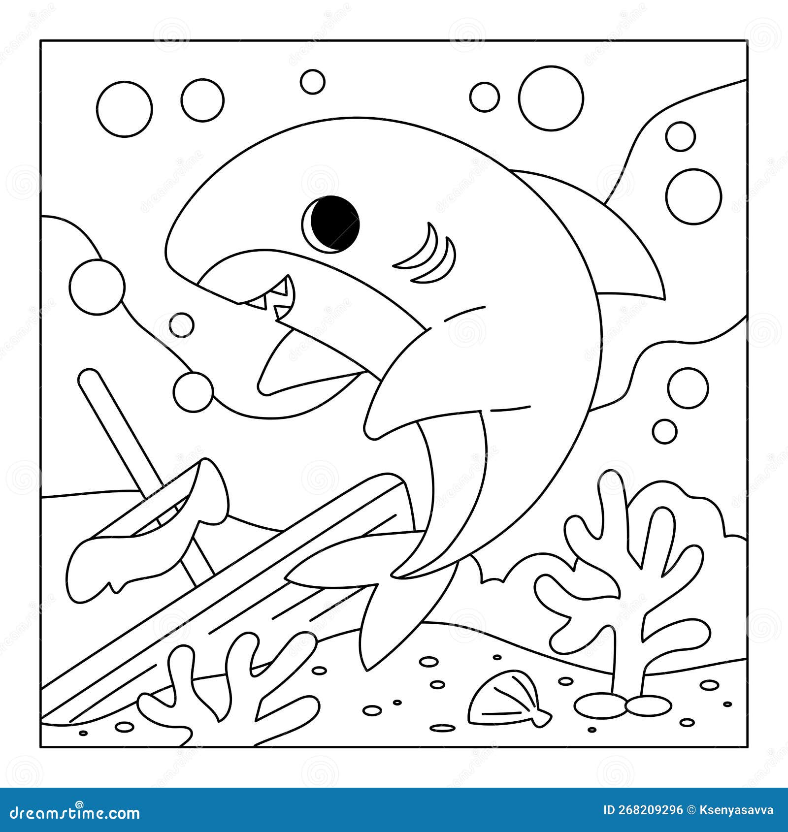 Coloring book cute shark and sunken ship background stock vector