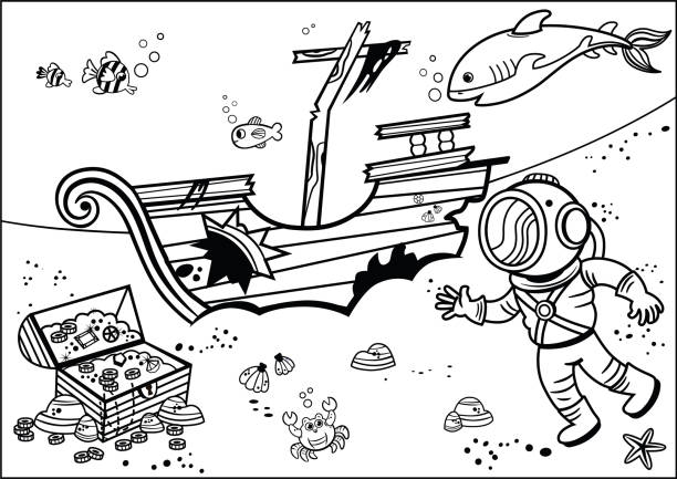 Diver with pirate chest stock illustration