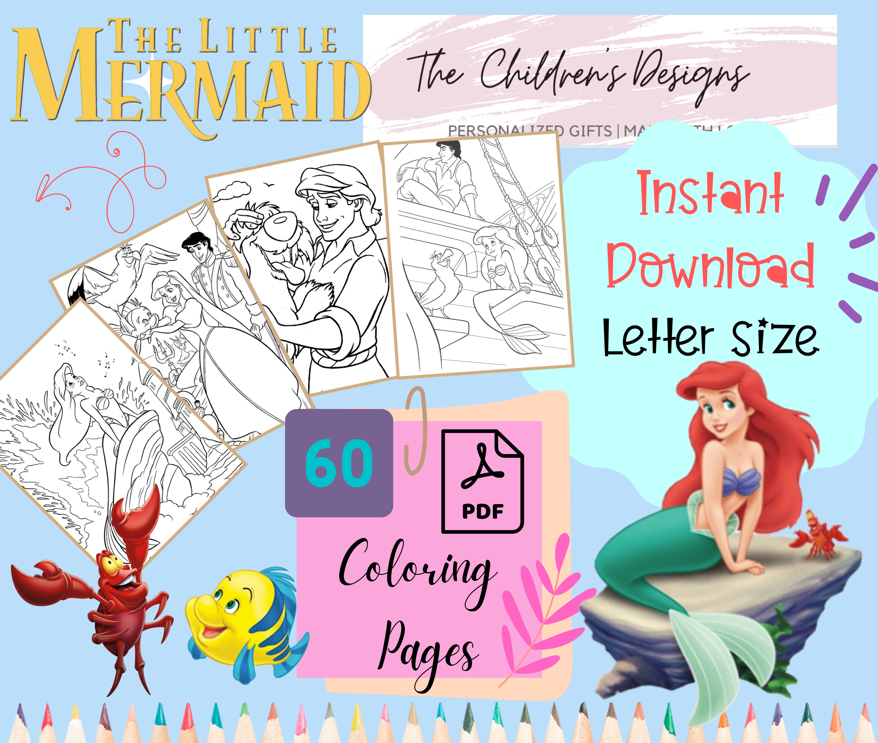 The little mermaid coloring pages instant download pdf pages