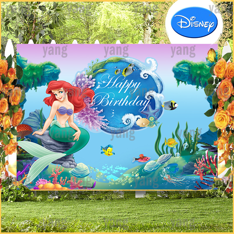 Disney cartoon backdrop princess little mermaid ariel girls happy birthday party custom coral and seaweed photography background