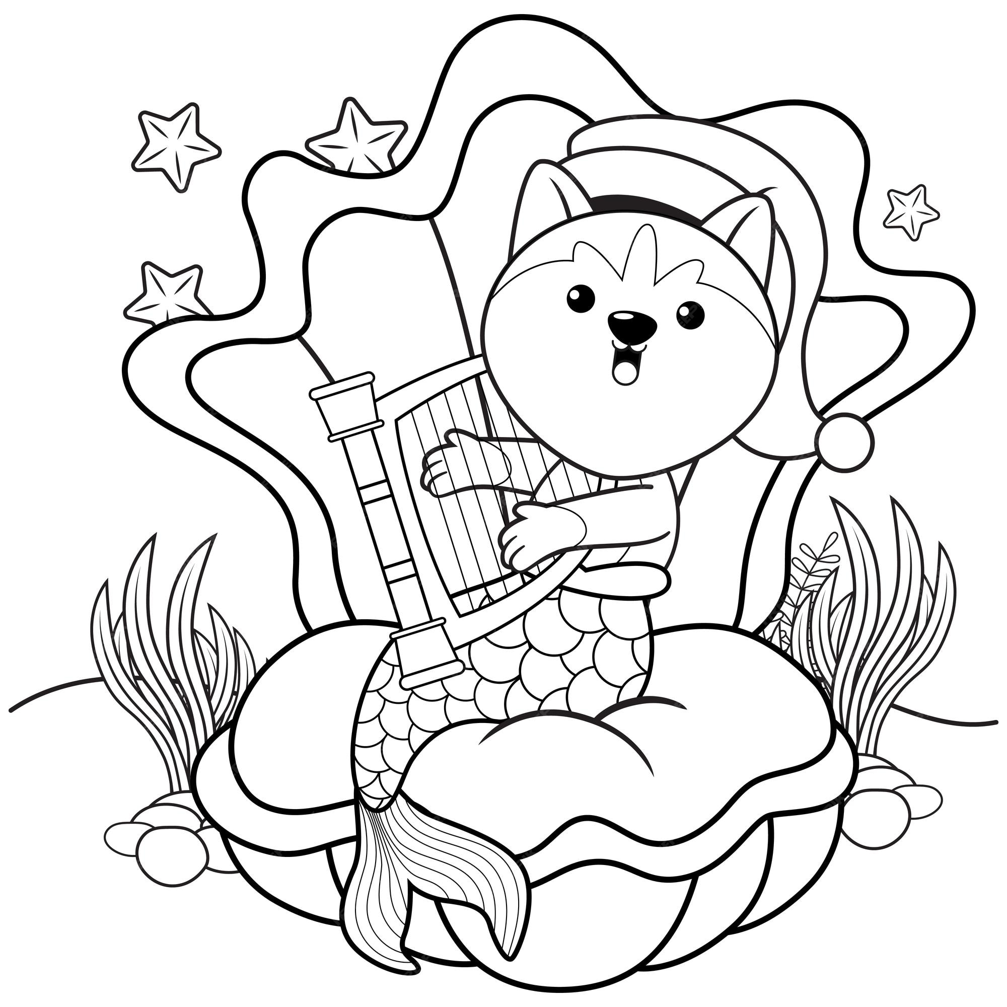 Premium vector christmas coloring book with cute husky mermaid