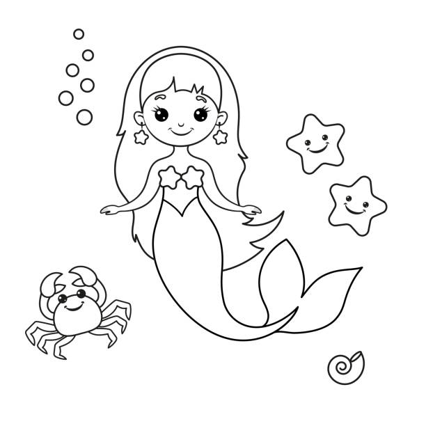 Mermaid and crab sea stars outline drawing stock illustration
