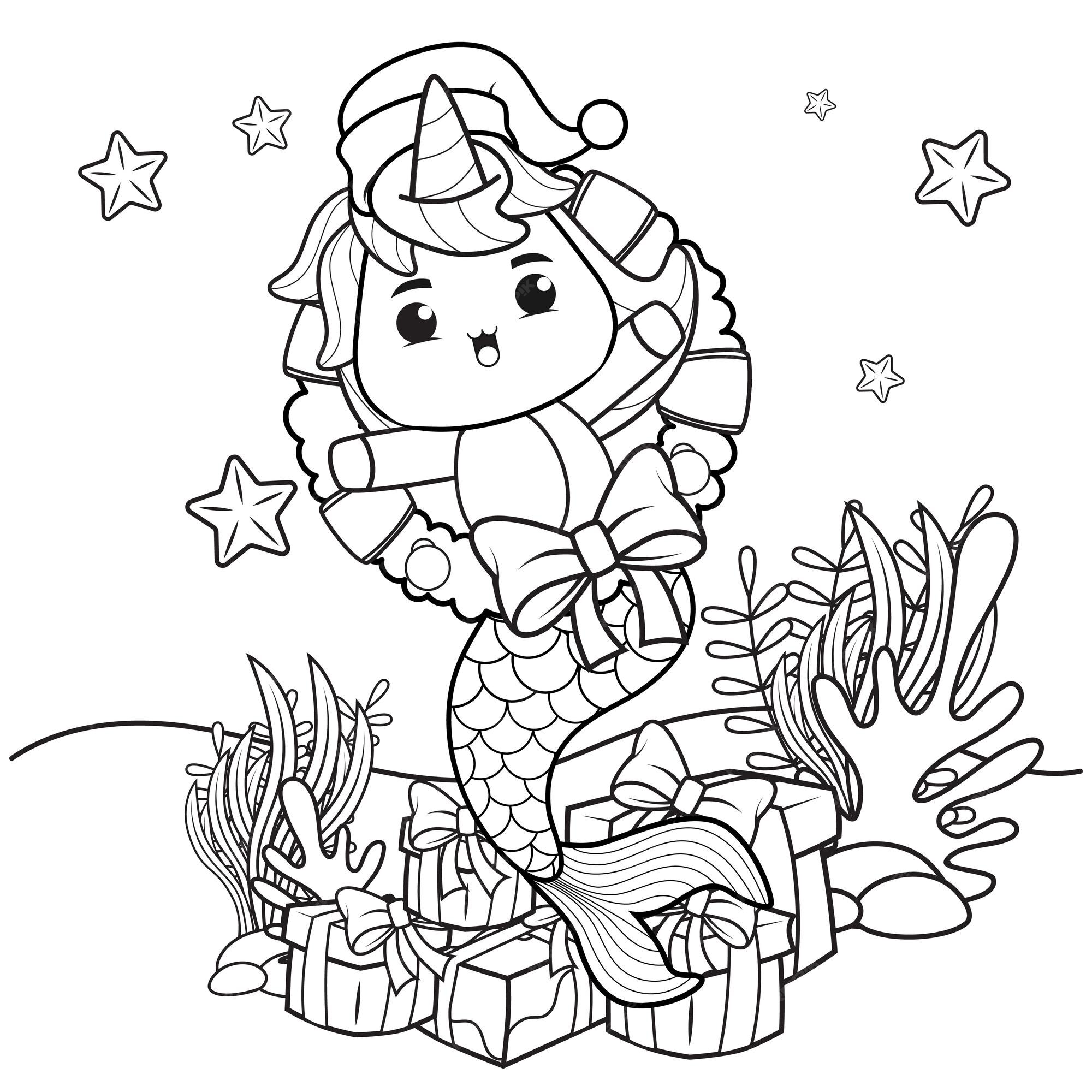 Premium vector christmas coloring book with cute unicorn mermaid