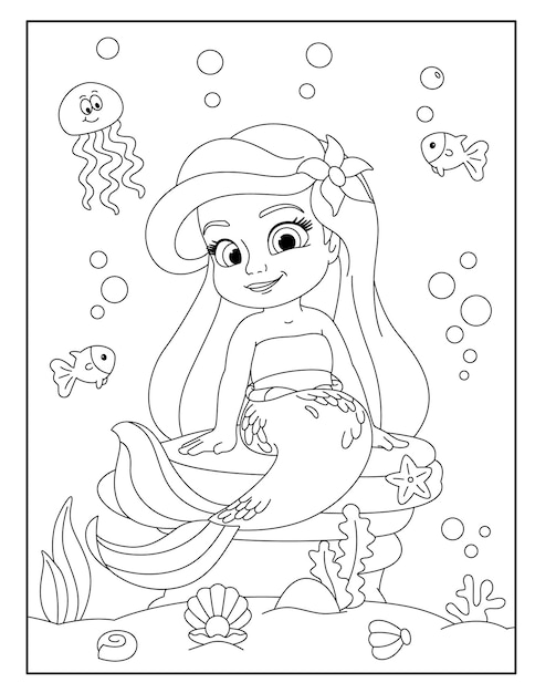 Premium vector cute mermaid with ocean background coloring page