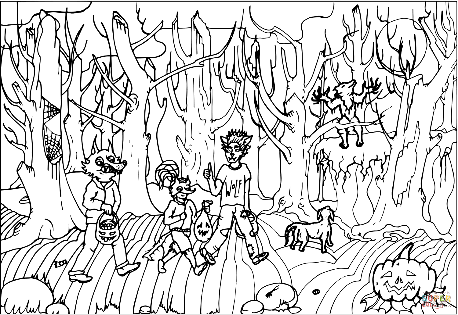 Halloween wolves and werewolf in a spooky forest coloring page free printable coloring pages