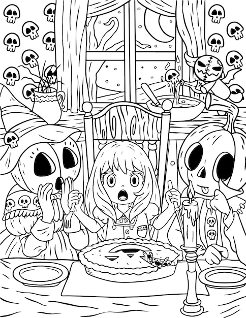 Premium vector hand drawn pastel goth coloring page creepy spooky kawaii coloring pages