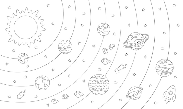 Grande pãgina para colorir planetas do sistema solar e estrelas imagem em preto e anco vetor premium