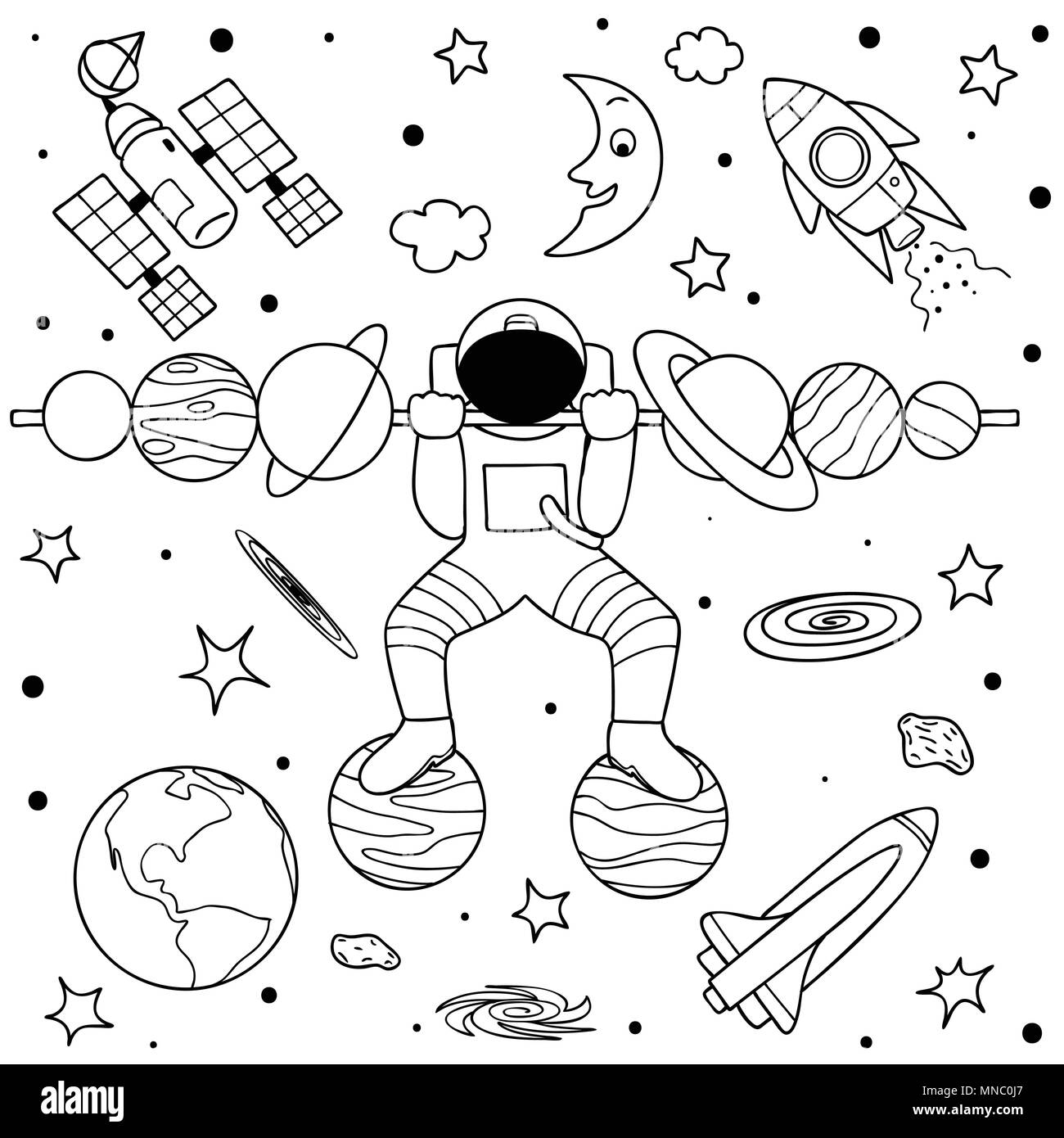Funny astronaut standing on planets doing weight lifting in space design for printillustration and coloring book page for kids and adult stock vector image art
