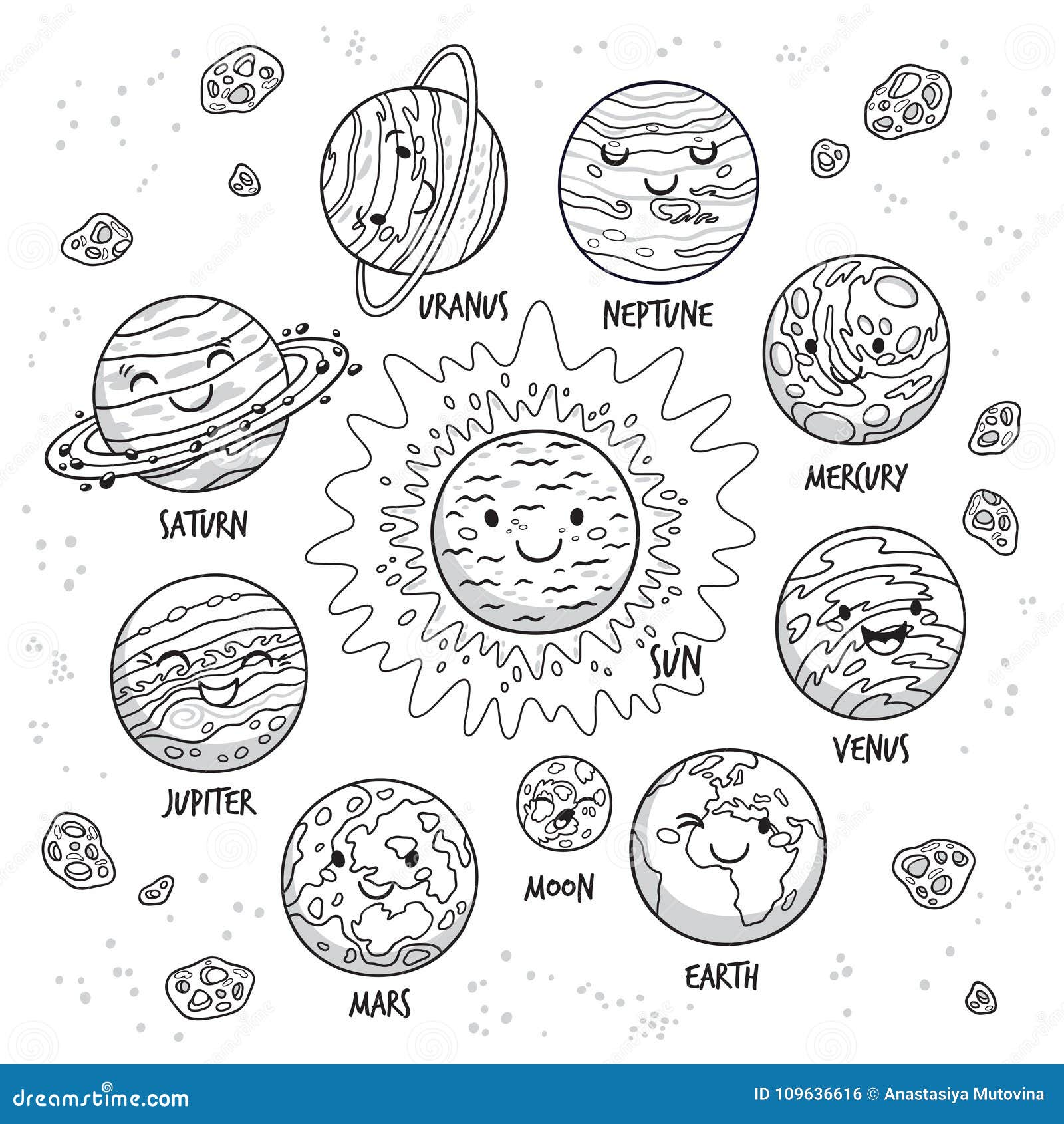 Solar system planets character set in cartoon style stock vector