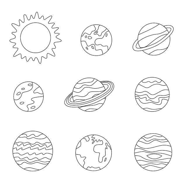 Pãgina para colorir planetas do sistema solar imagem em preto e anco vetor premium