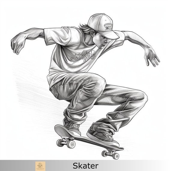 Greyscale skater printable coloring pageprintable adult coloring pagedownload greyscale skateboard sport illustration