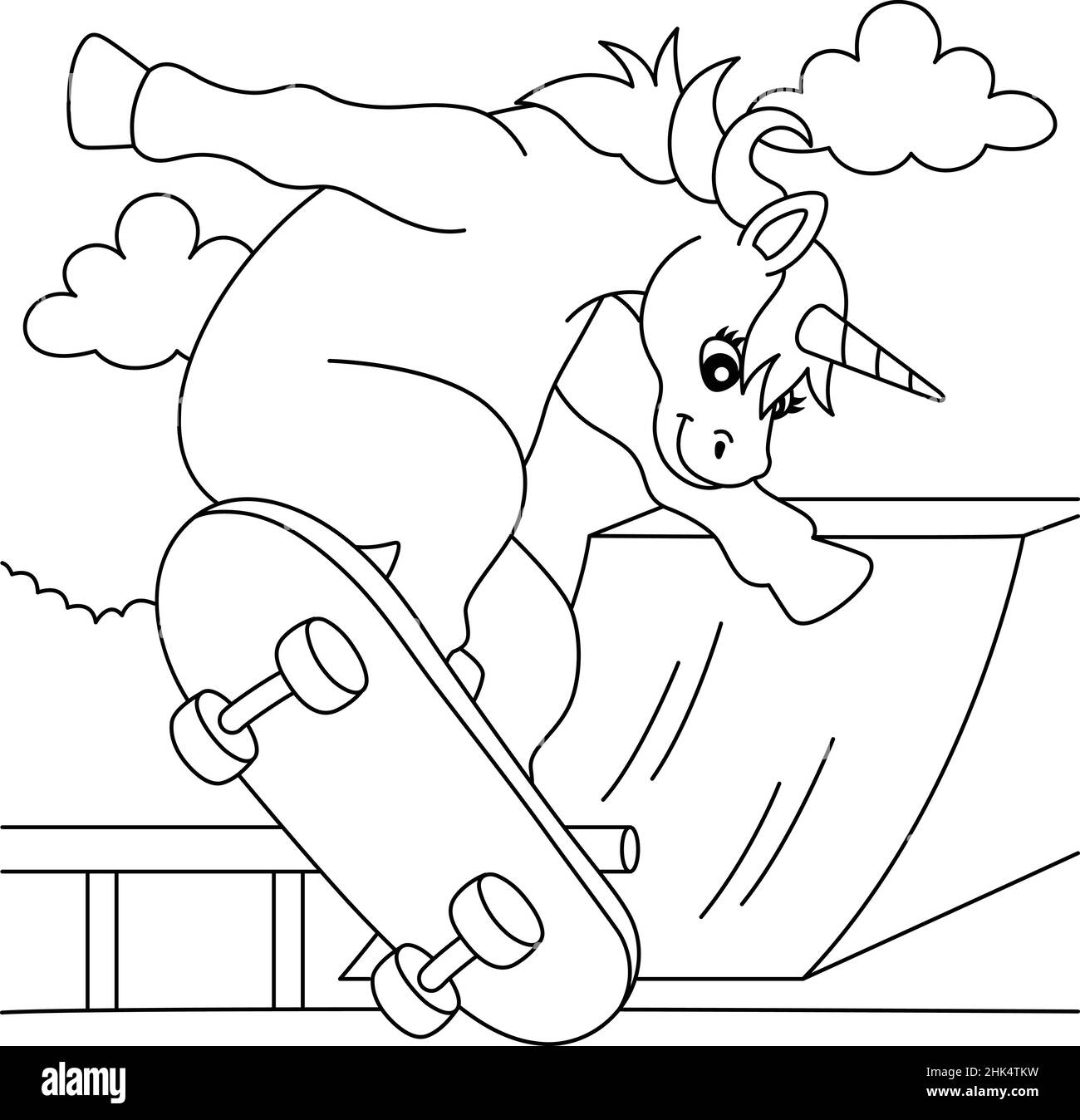 Unicorn skating on a skateboard coloring page stock vector image art