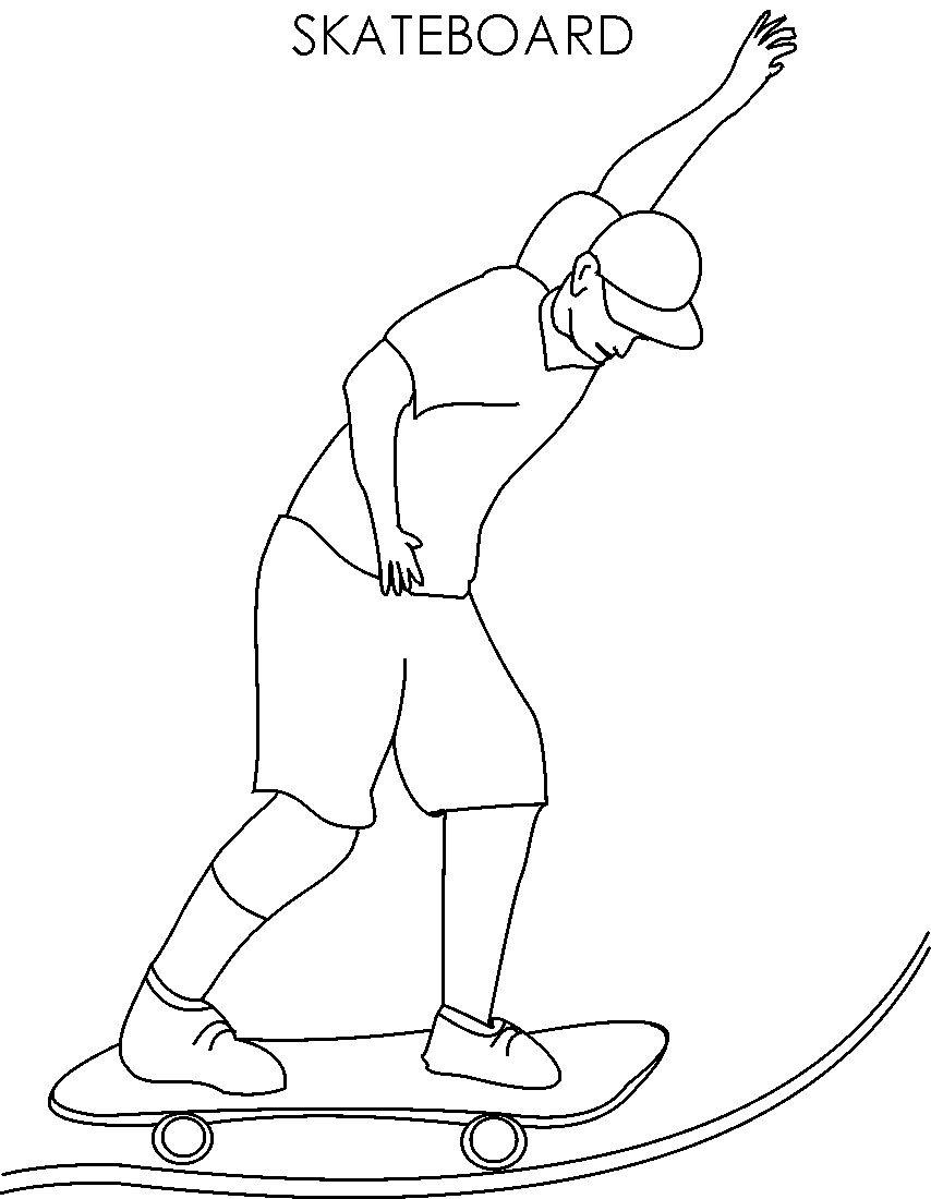 Skate board coloring printable page for kids