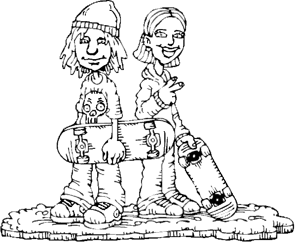 Skateboarding coloring page boy and girl in skateboard apparel ready to hit the halfpipe skateboards skateboard tricks skateboard hats skateboard wheels skateboard equipment skateboard clothing skateboarding apparel