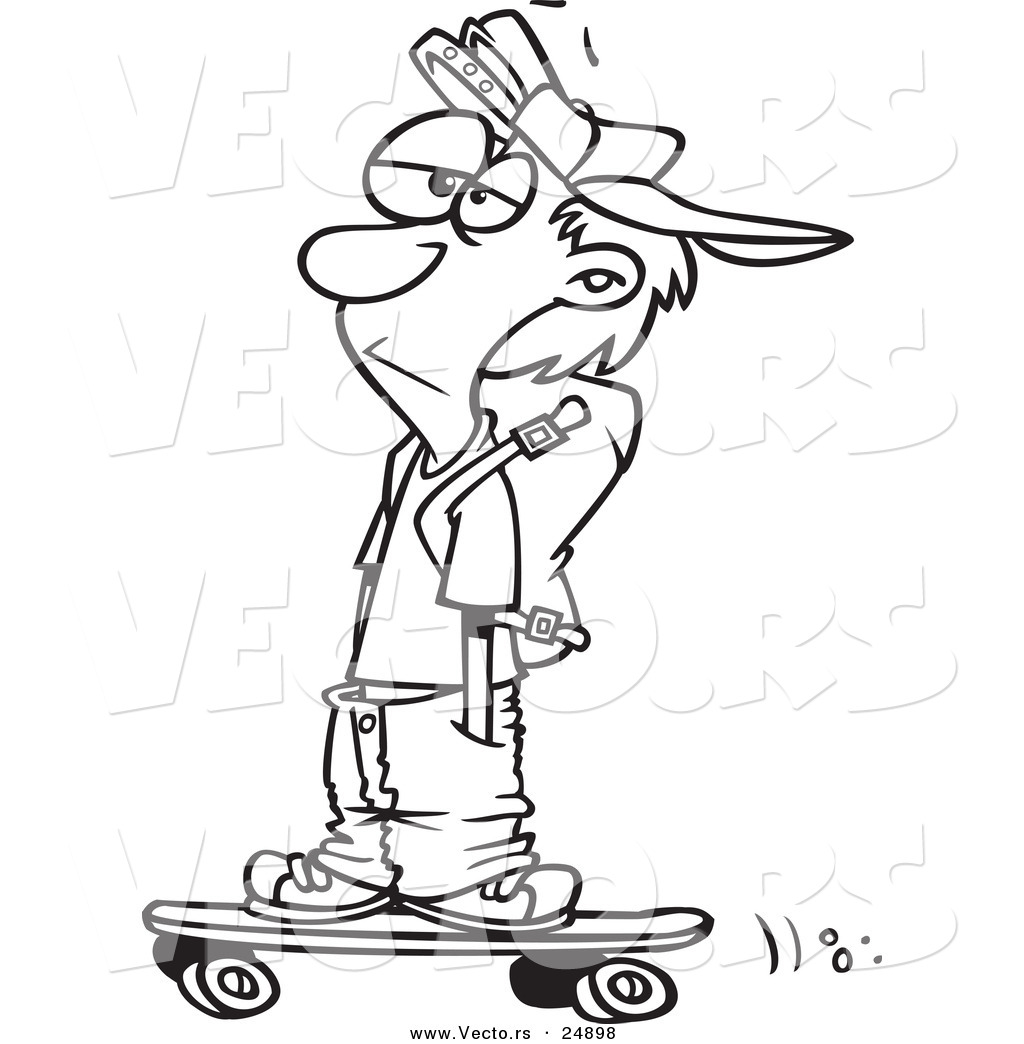 R of a cartoon teenage skater boy with his hands in his pockets