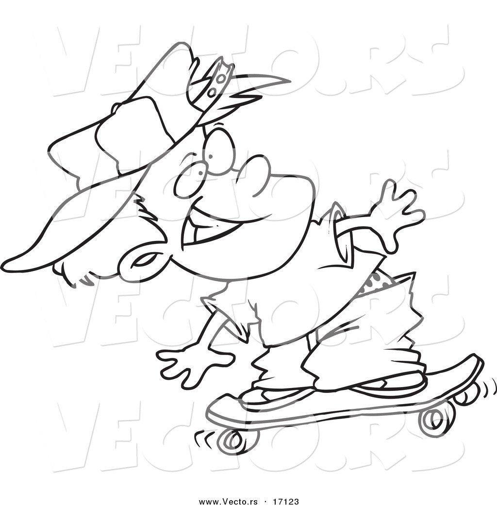 R of a cartoon boy skateboarding