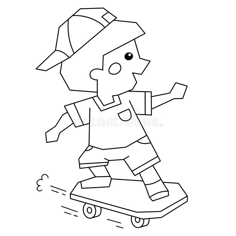 Coloring page outline of cartoon boy on the skateboard coloring book for kids stock vector