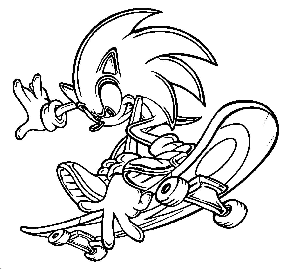 Sonic is on skateboard coloring page