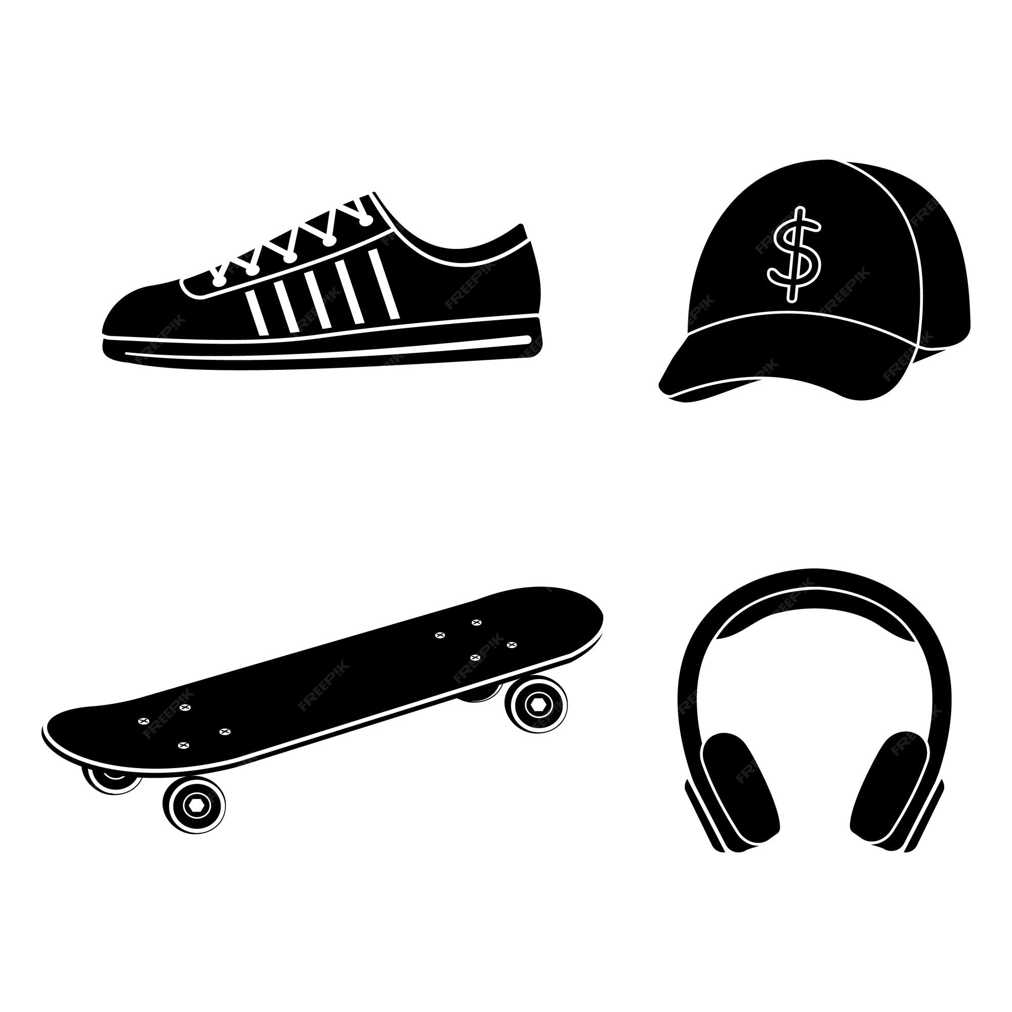 Premium vector set of skateboarder cap skateboard headphones sneakers black stencil isolated illustration on a white background