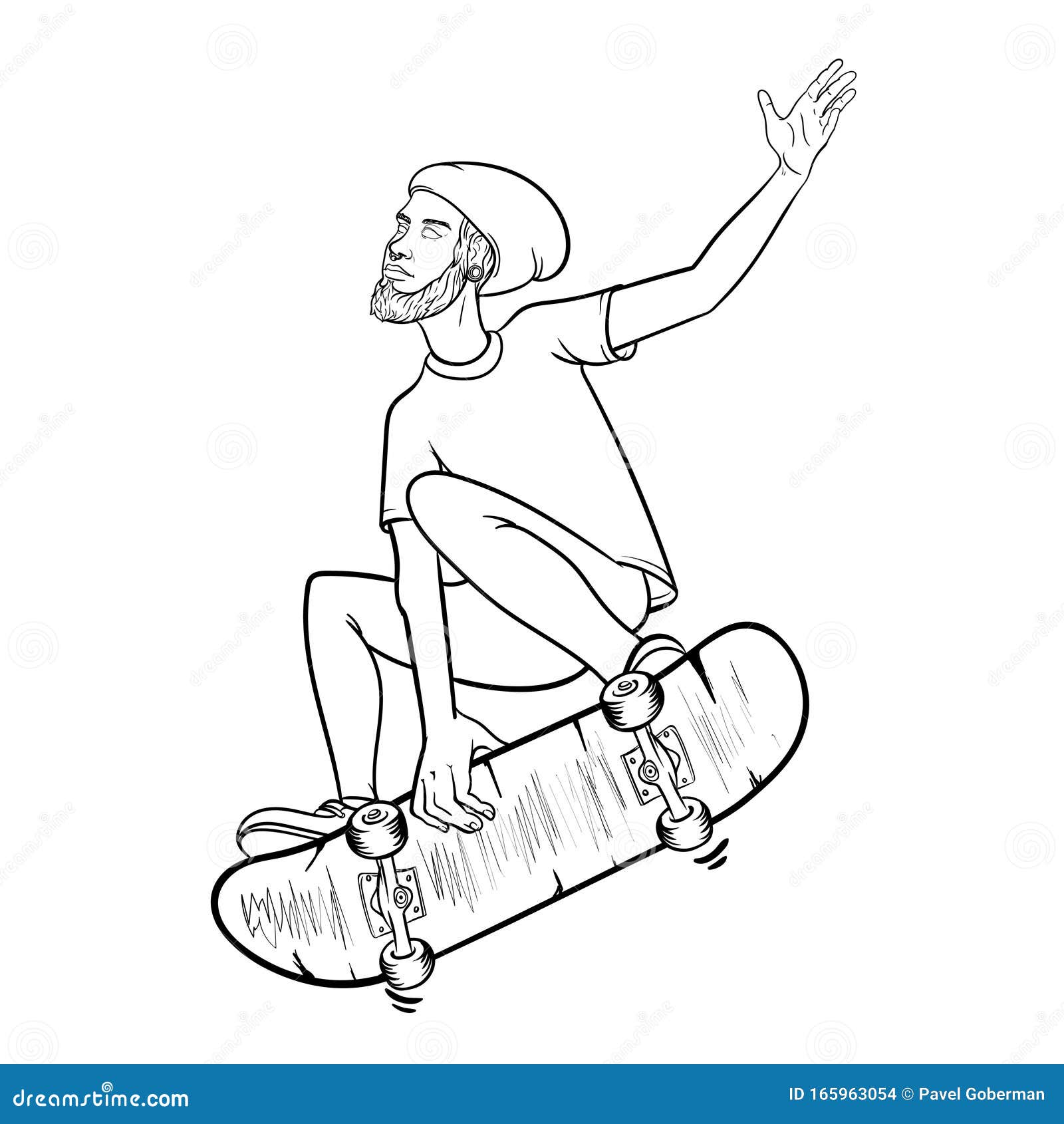 Vector boy with skateboard jumping hand drawn illustration of a skateboarder skater vector sketch stock vector