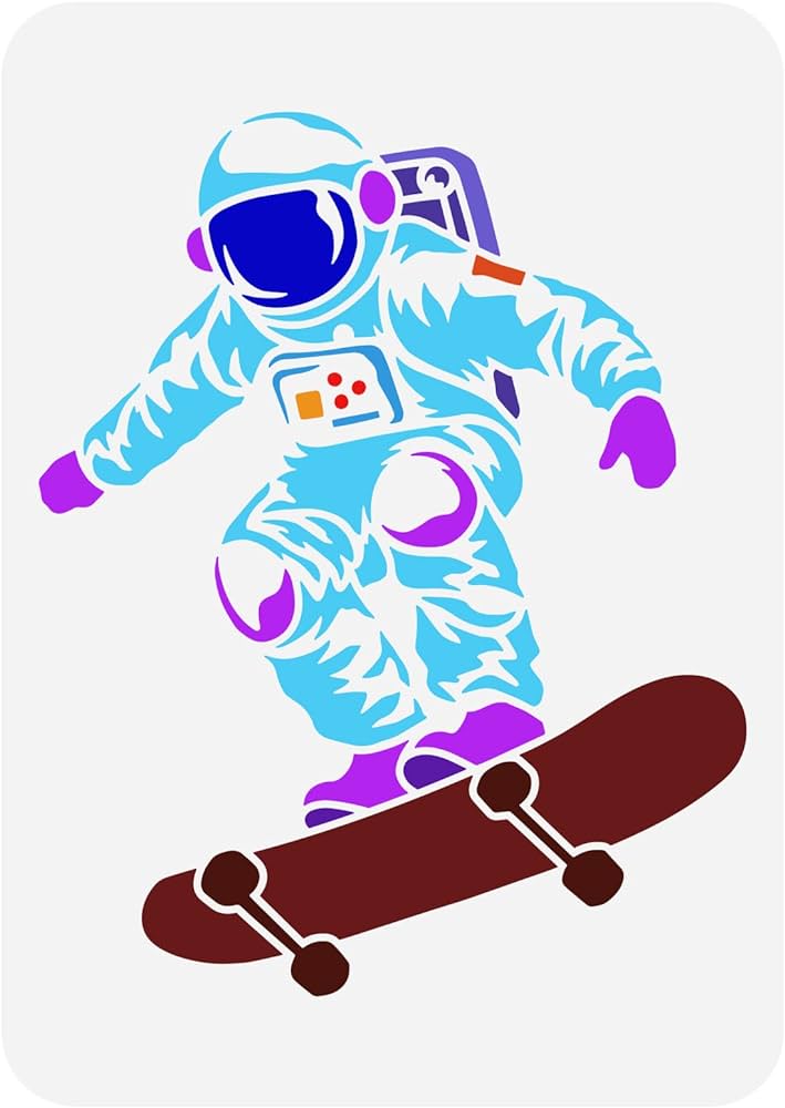 Fingerinspire astronaut on skateboard painting stencil xcm skater spaceman drawing template reusable plastic hollow out stencil diy craft for painting on wall wood furniture arts crafts