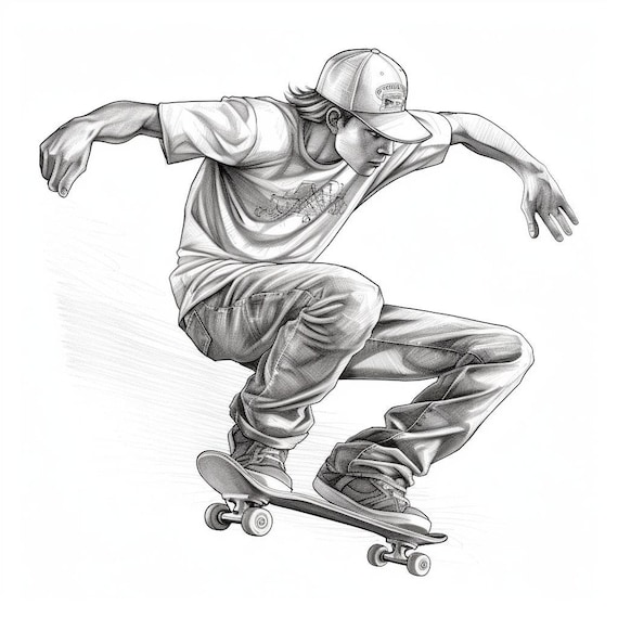 Greyscale skater printable coloring pageprintable adult coloring pagedownload greyscale skateboard sport illustration