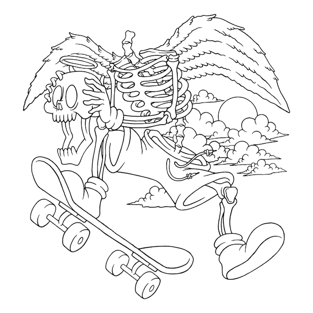 Premium vector coloring illustration of flying skateboarder skeleton