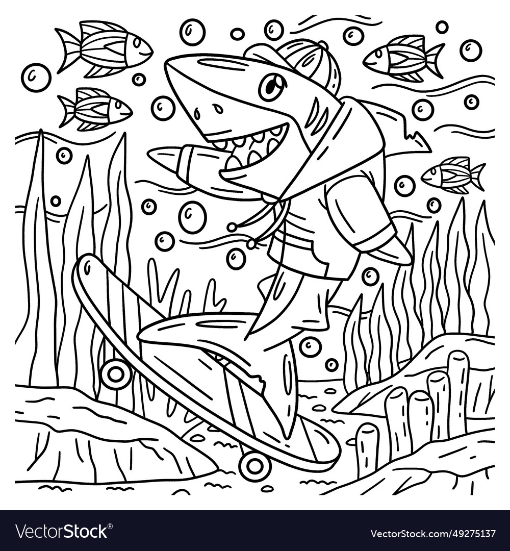 Shark skateboarding coloring page for kids vector image