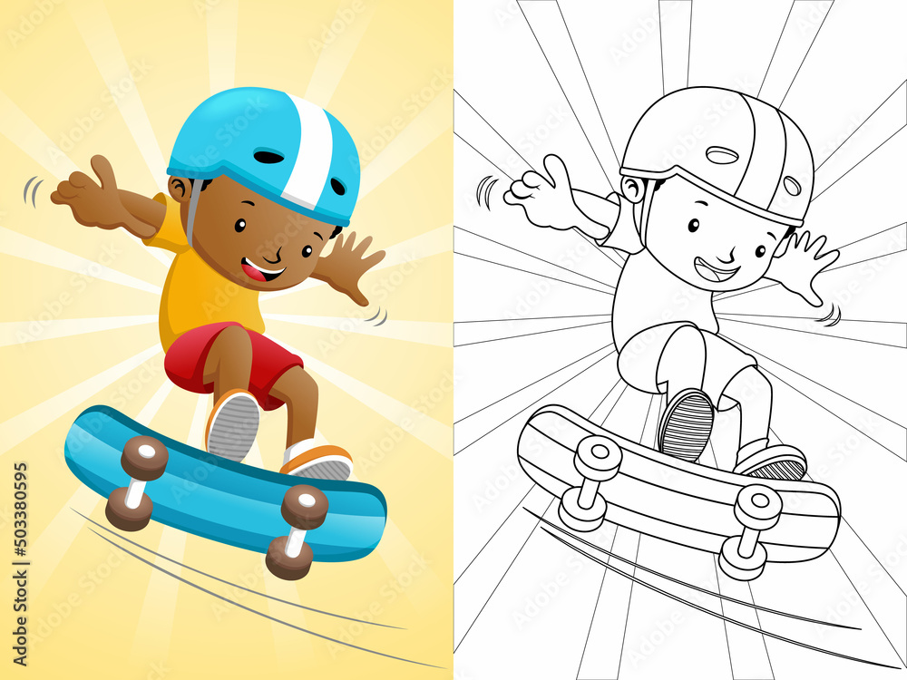 Boy cartoon playing skateboard coloring book or page vector