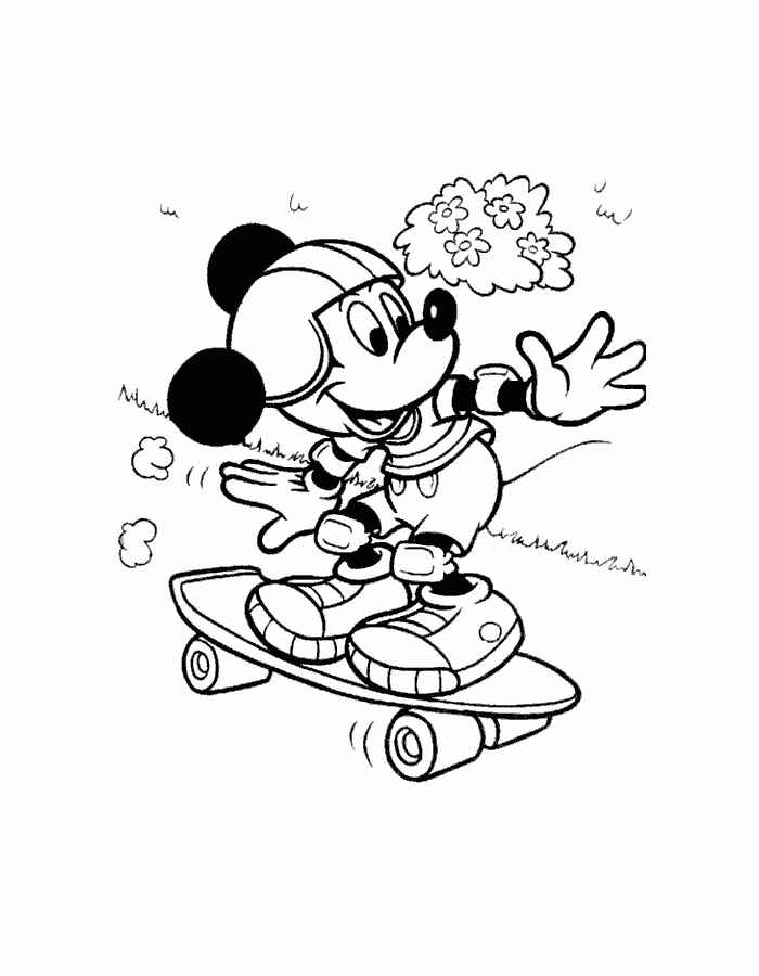 Mickey mouse skates the skateboard coloring page
