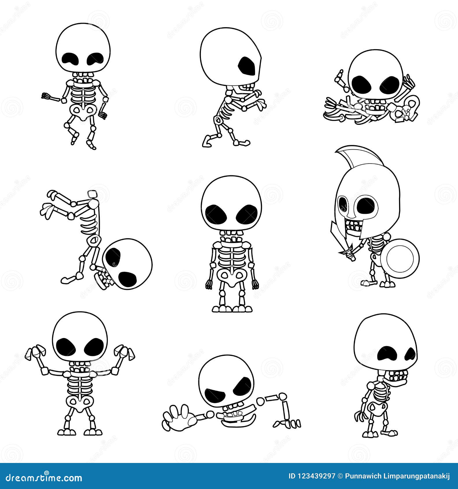 Halloween character big head poses skeleton coloring book stock vector
