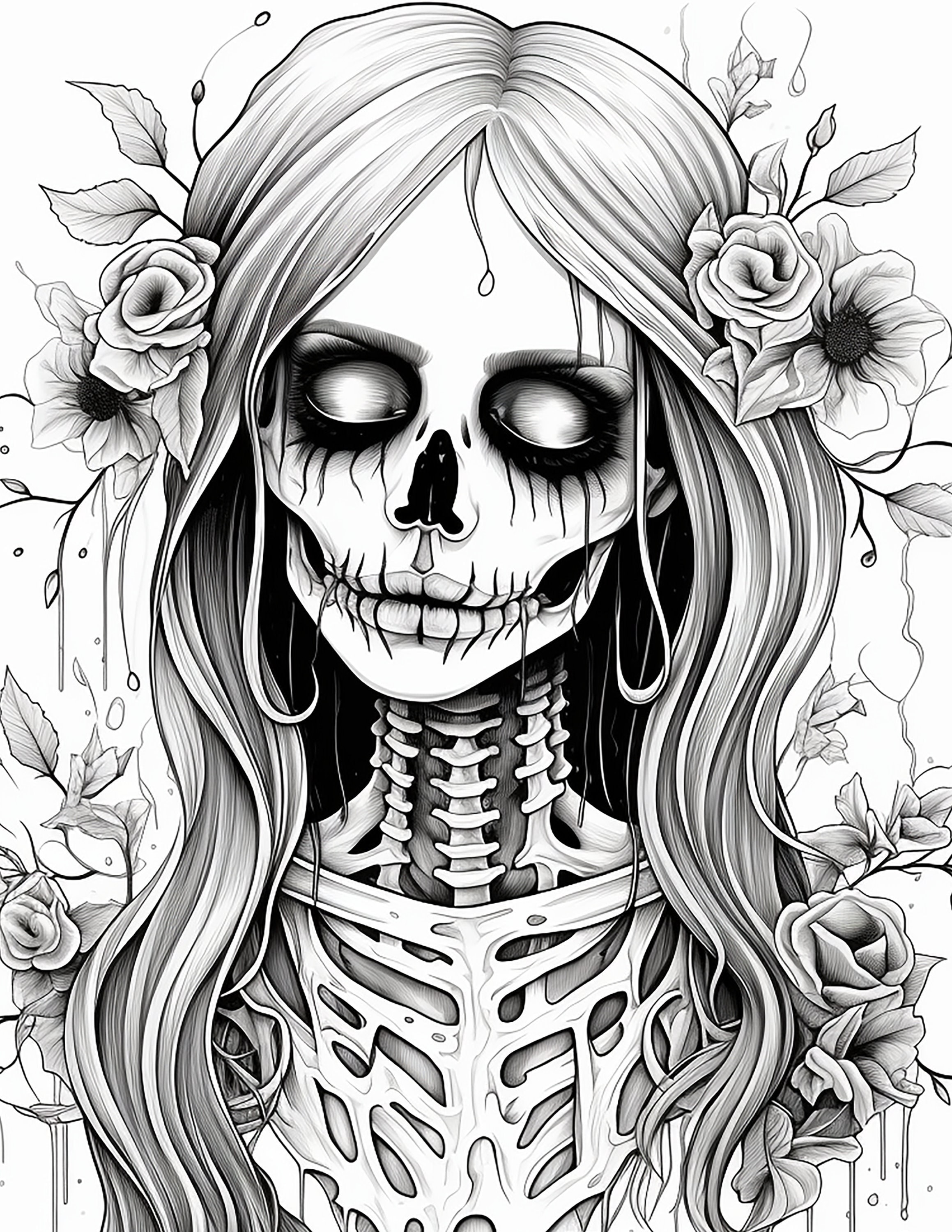 Skelly girl halloween coloring page set digital download coloring book pages printable download now