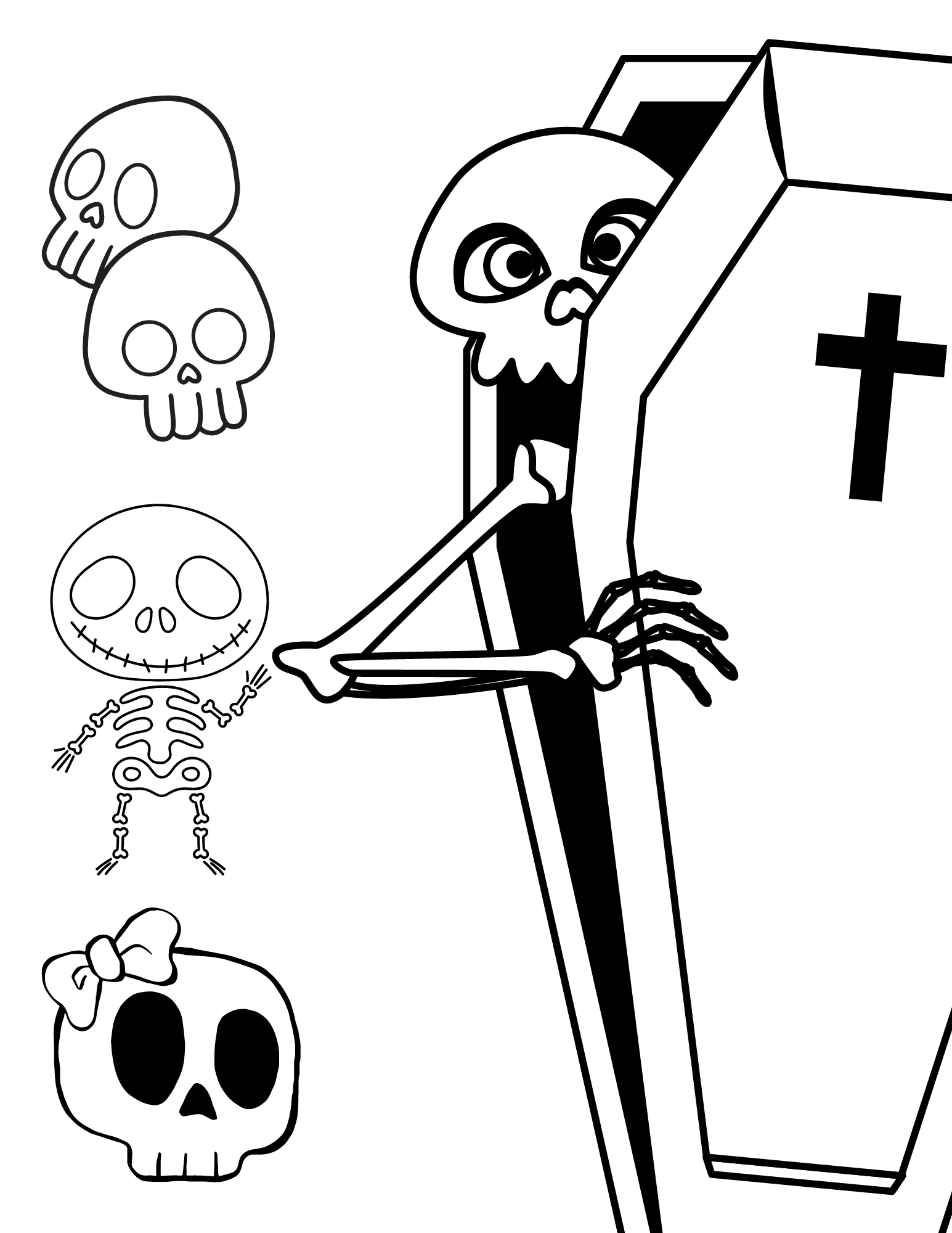 Spooky scary skeleton coloring pages for kids and adults