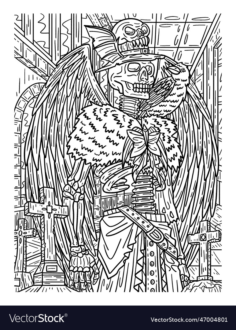 Halloween skeleton wings coloring page for adults vector image