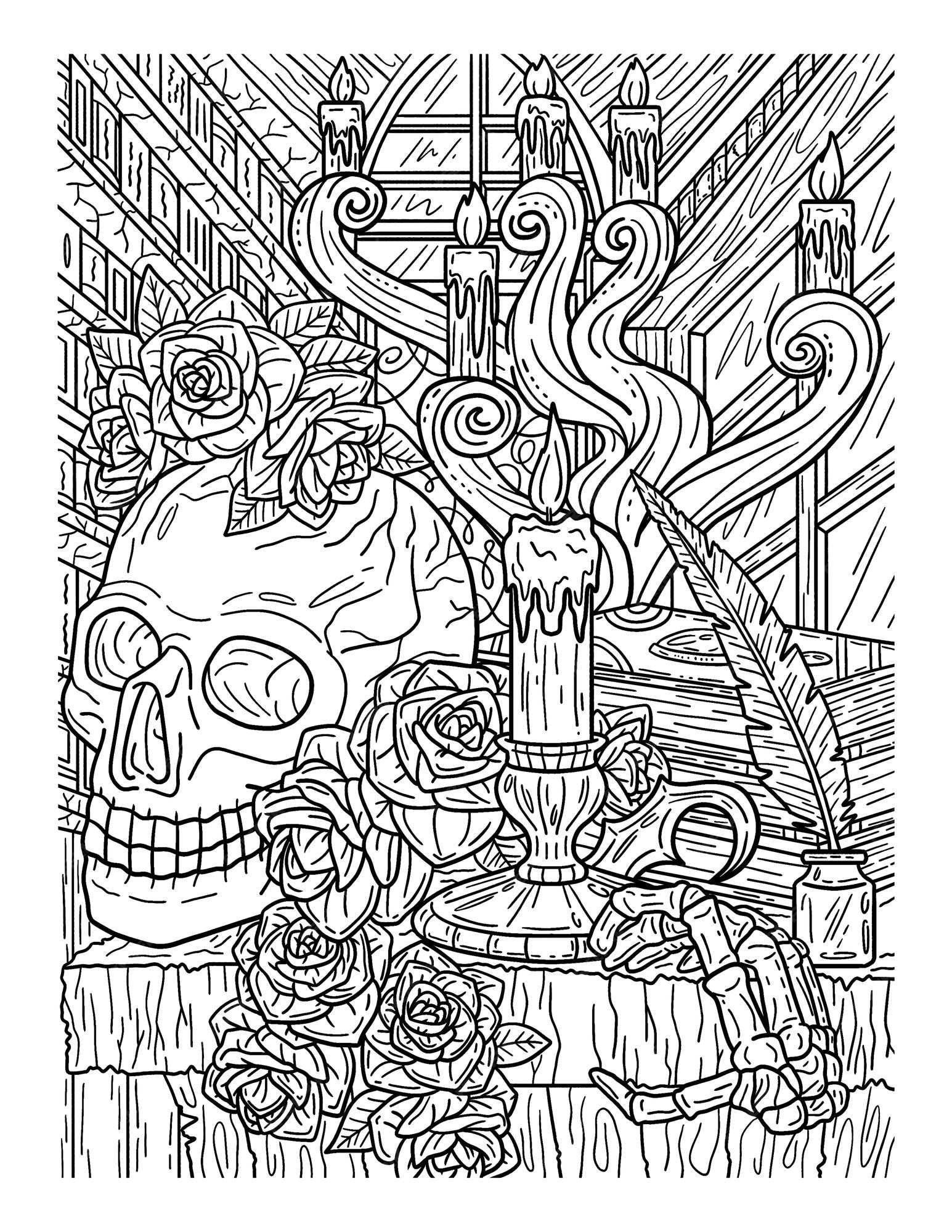 Premium vector halloween skull candelabra adults coloring page
