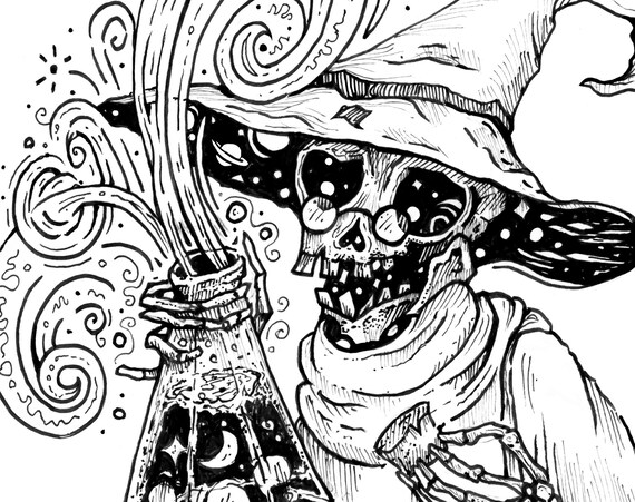 Skeleton wizard coloring page halloween coloring fall adult coloring pages gift ideas instant digital download pdf jpeg