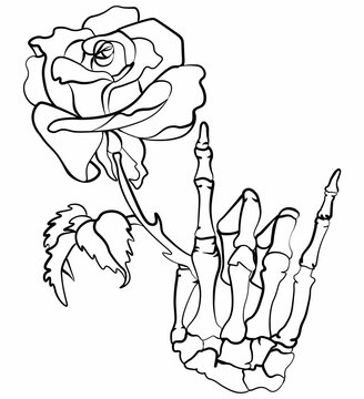 Skeleton hand holding a rose in calligraphic style vector