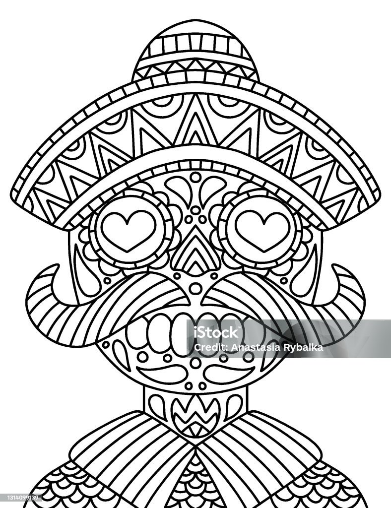 Handdrawn skeleton with mustaches coloring page for adults stock vector illustration stock illustration