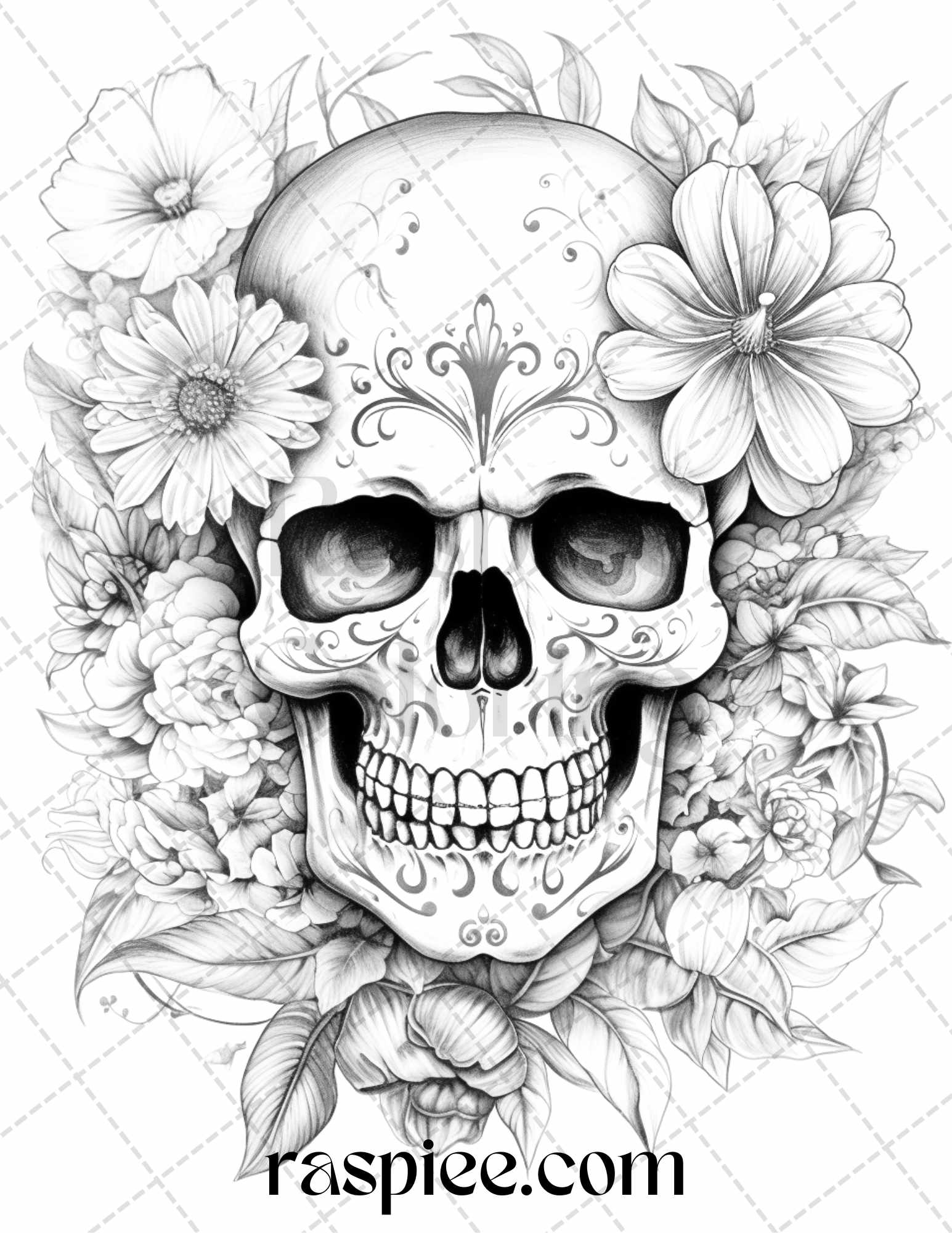 Floral skull grayscale coloring pages for adults stress relief col â coloring