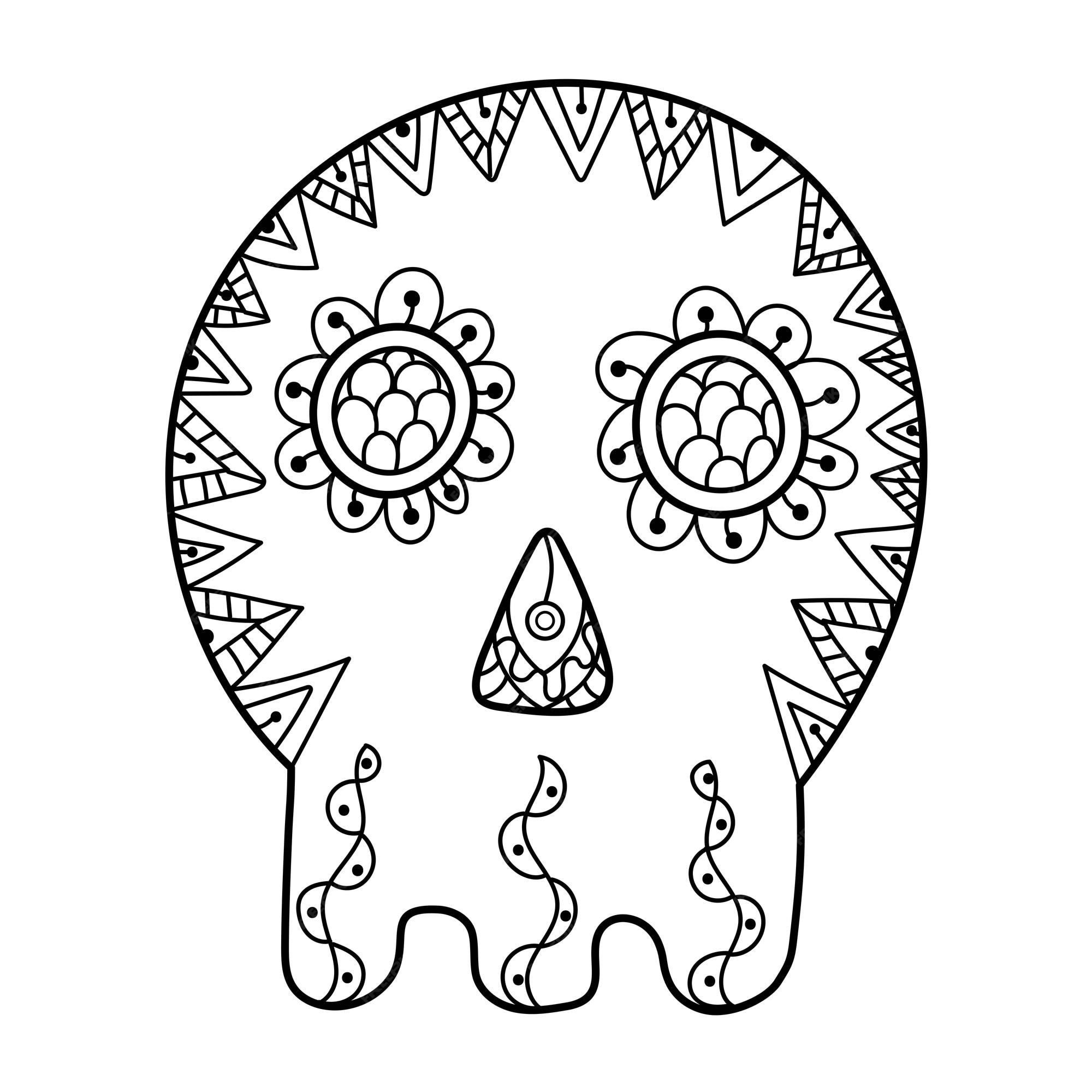Premium vector skull with ornament coloring page in zentangle style spooky print for halloween coloring book