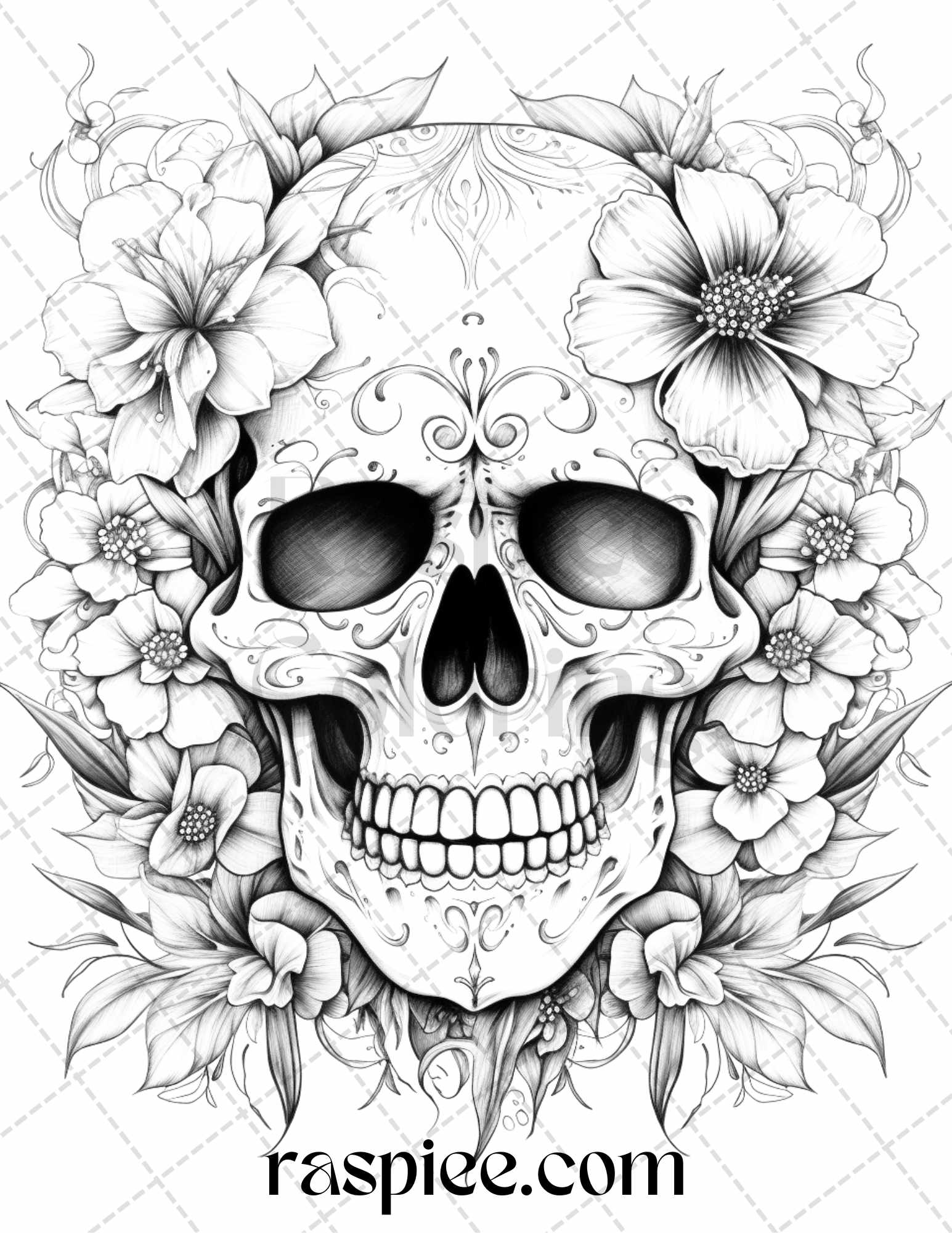Floral skull grayscale coloring pages for adults stress relief col â coloring