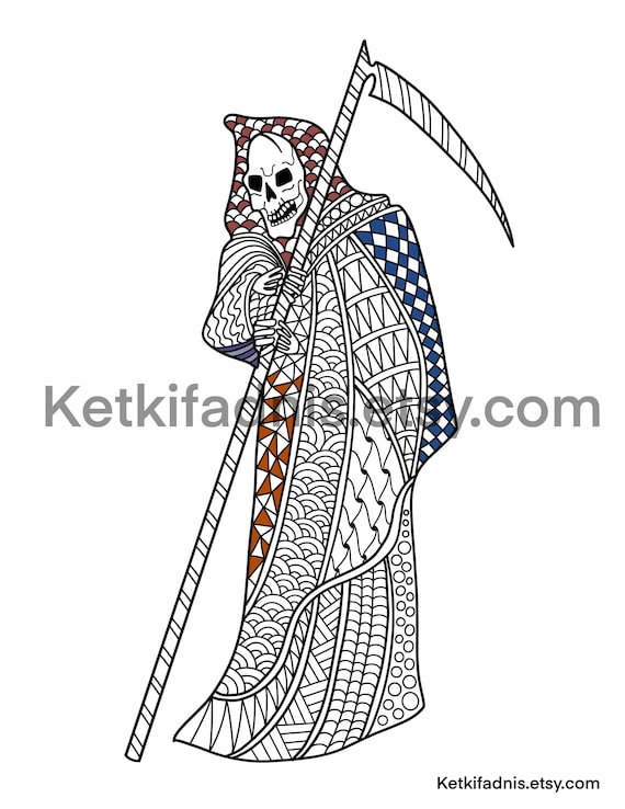 Skeleton with scythe colouring page halloween coloring page pdf digital download