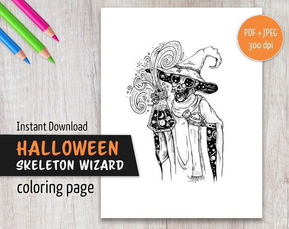 Skeleton wizard coloring page halloween coloring fall adult coloring pages gift ideas instant digital download pdf jpeg