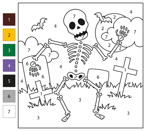 Skeleton color by number free printable coloring pages