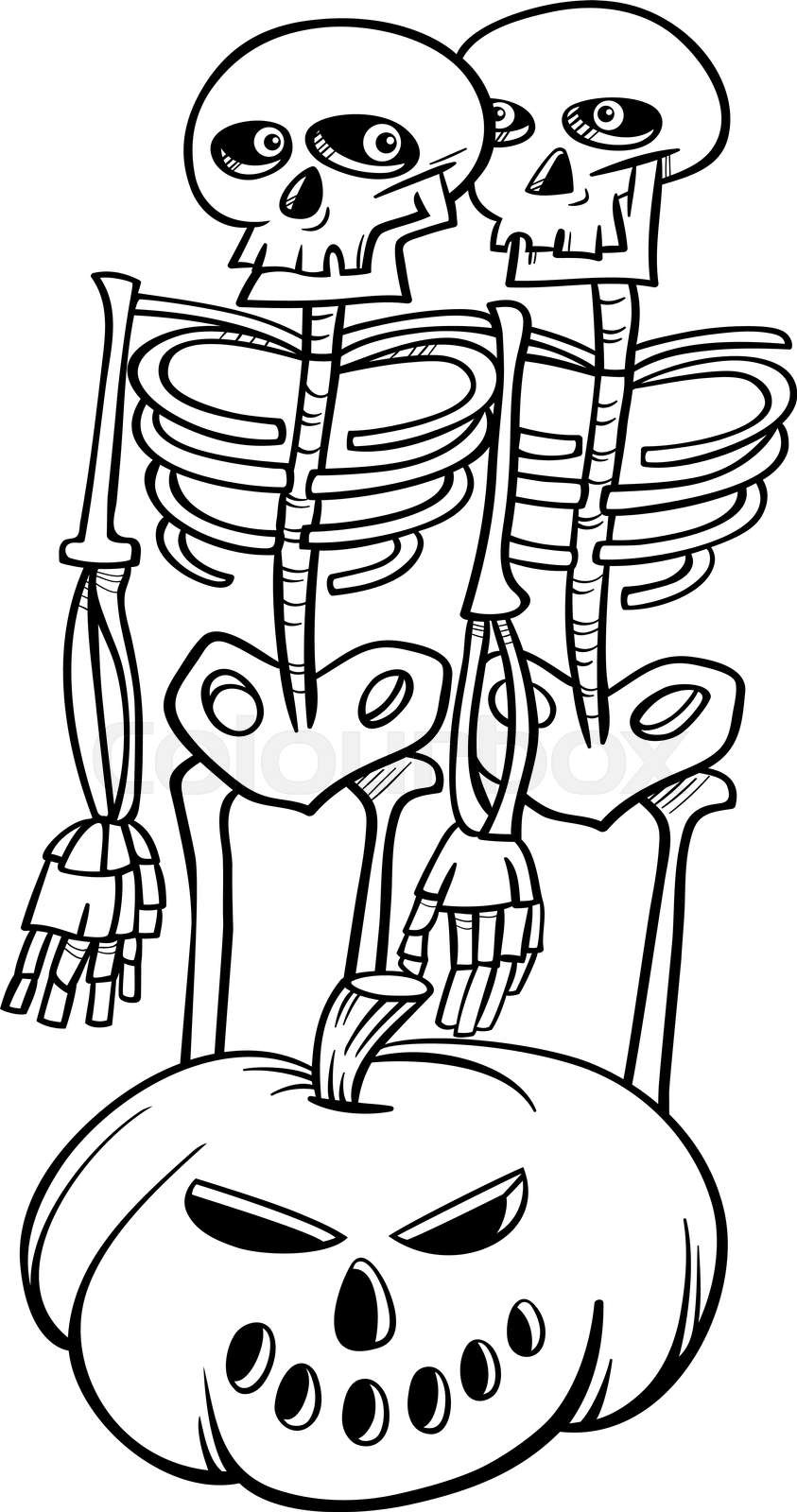 Cartoon skeletons with halloween pumpkin coloring page stock vector
