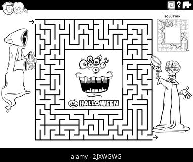 Maze with skeleton and monster on halloween coloring page stock vector image art