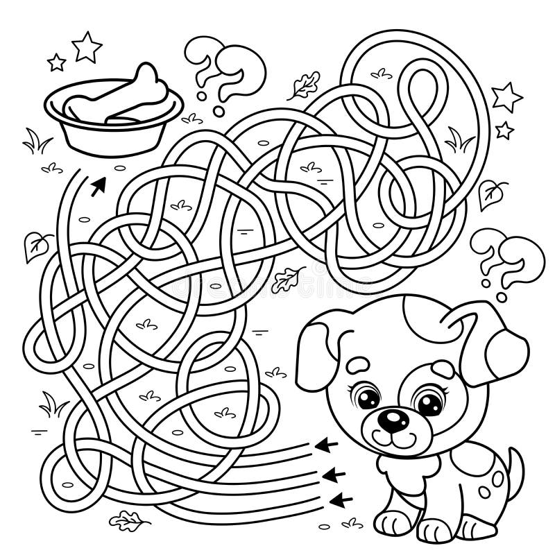 Maze or labyrinth game puzzle tangled road coloring page outline of cartoon little dog with bone puppy stock vector